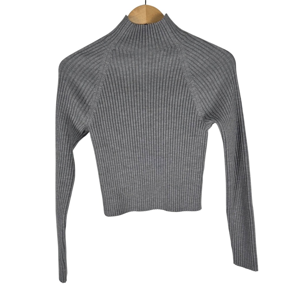 Alice + Olivia Irena Classics Grey Ribbed Wool Blend Mock Neck Sweater